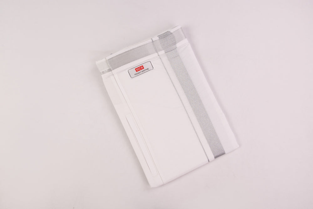 VELCRO POCKET WHITE SILVER BORDER READYMADE SINGLE DHOTHIE