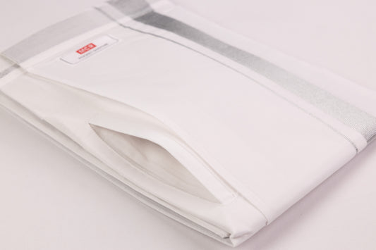 BUY VELCRO POCKET WHITE SILVER BORDER READYMADE SINGLE DHOTHIE