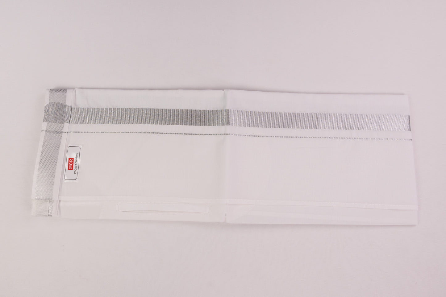 ORDER VELCRO POCKET WHITE SILVER BORDER READYMADE SINGLE DHOTHIE