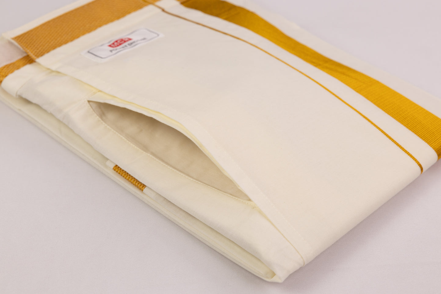 VELCRO POCKET CREAM GOLD BORDER READYMADE SINGLE DHOTHIE - PKT GLS-02C