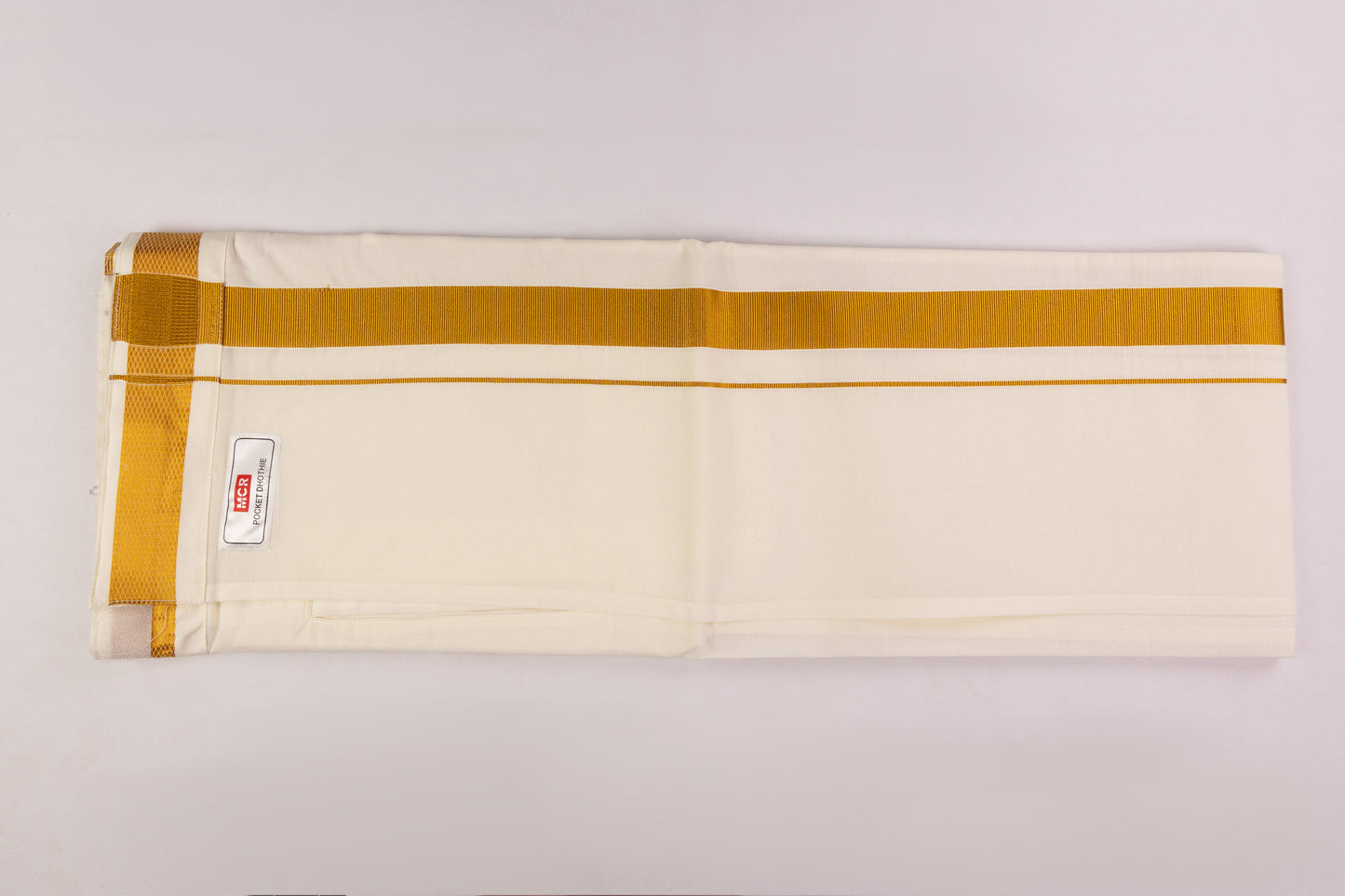 VELCRO POCKET CREAM GOLD BORDER READYMADE SINGLE DHOTHIE - PKT GLS-02C