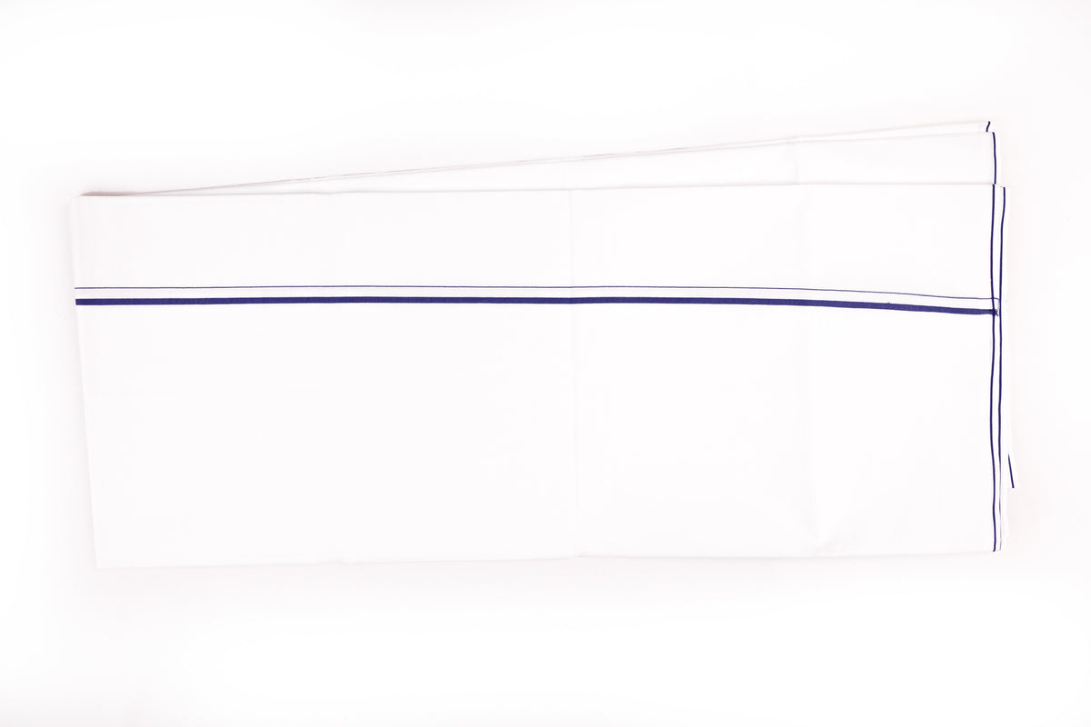 ORDER WHITE SINGLE DHOTHIE SMALL COTTON BLUE BORDER FOR MEN