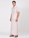 Men’s rose matching single dhoti set featuring a half sleeve shirt and stylish border design. Ideal for traditional and festive wear.