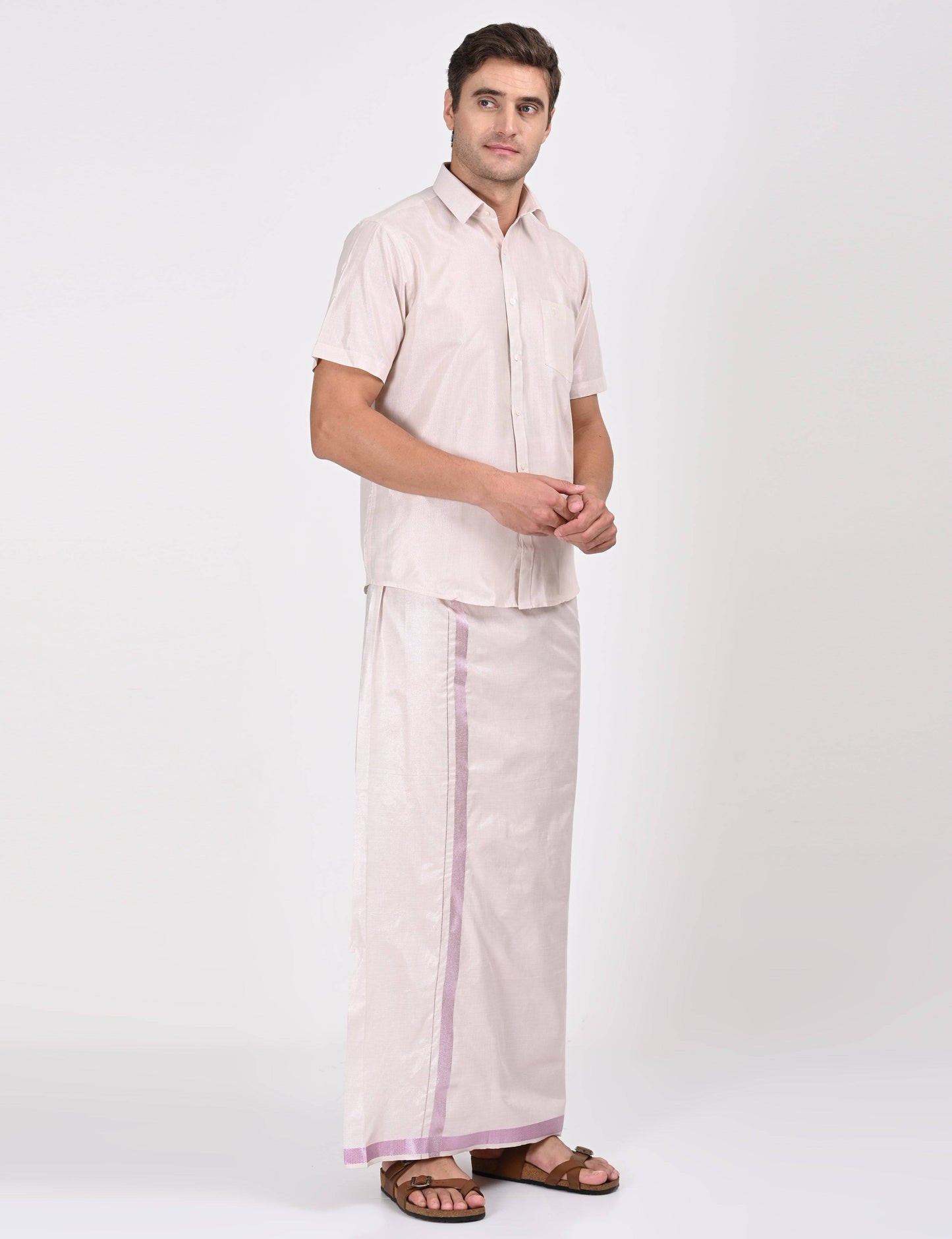 Elegant rose matching single dhoti set with half sleeve shirt, perfect for formal and cultural occasions. Traditional attire with a modern touch.