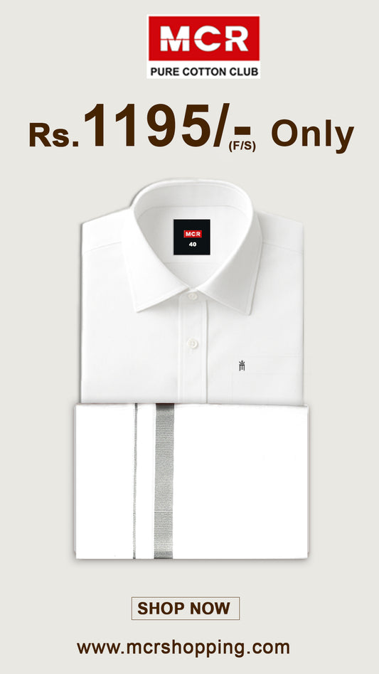 White Shirt + Silver Border Double Dhoti F/S (Dhoti Size 4mtr)