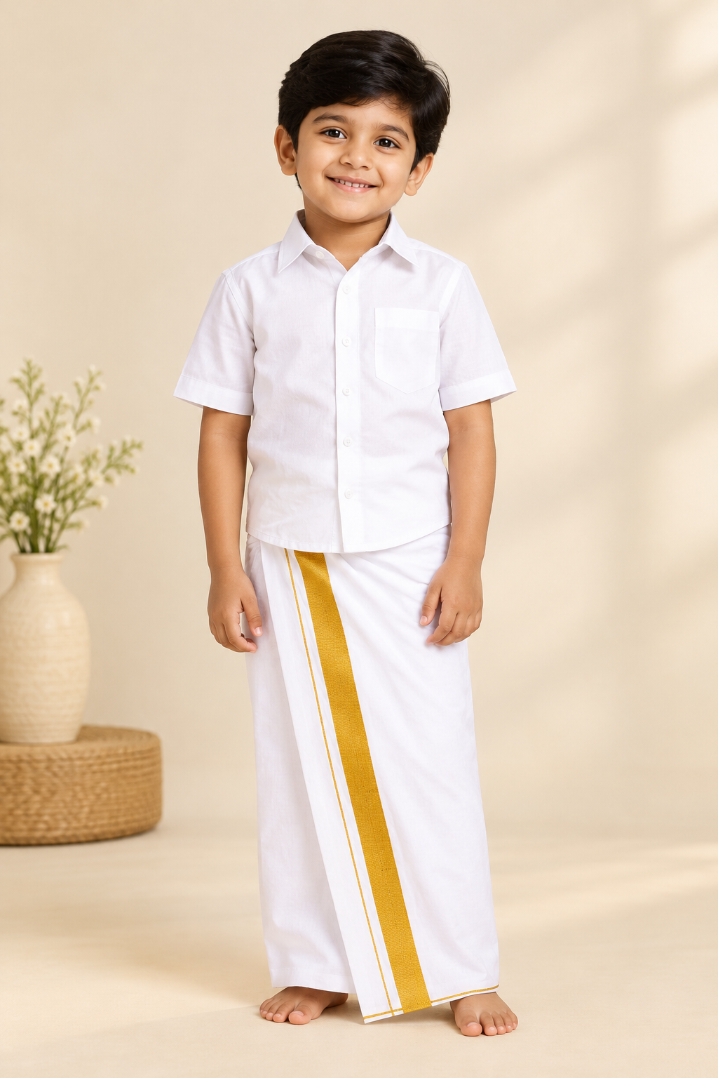 Kids Little Master Set (White Shirt + Dhoti + Coat) Cherry Red
