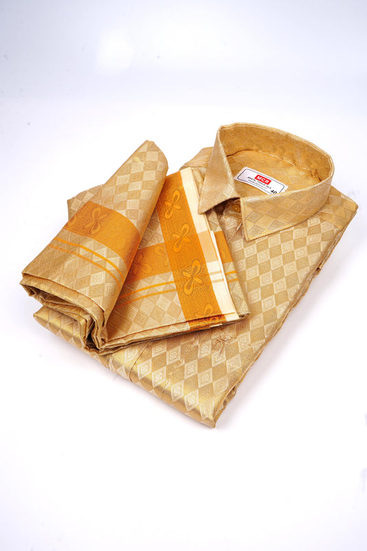 Gold Bridal Tissue Silk Single Set F/S-men dresses for marriage (Perfume & Dhoti Belt Free)