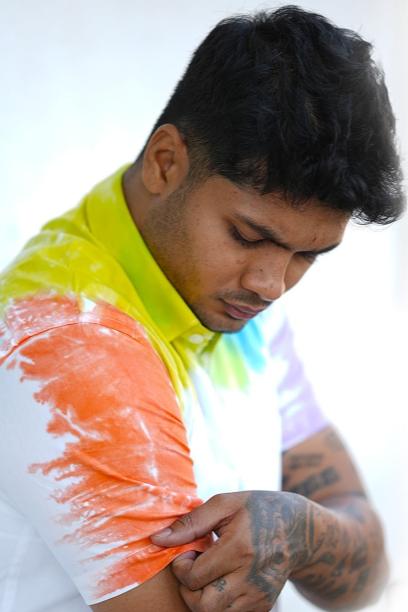 Holi Print Half Sleeve White Men Shirt with Colorful Tie-Dye Sleeves for a Trendy Look