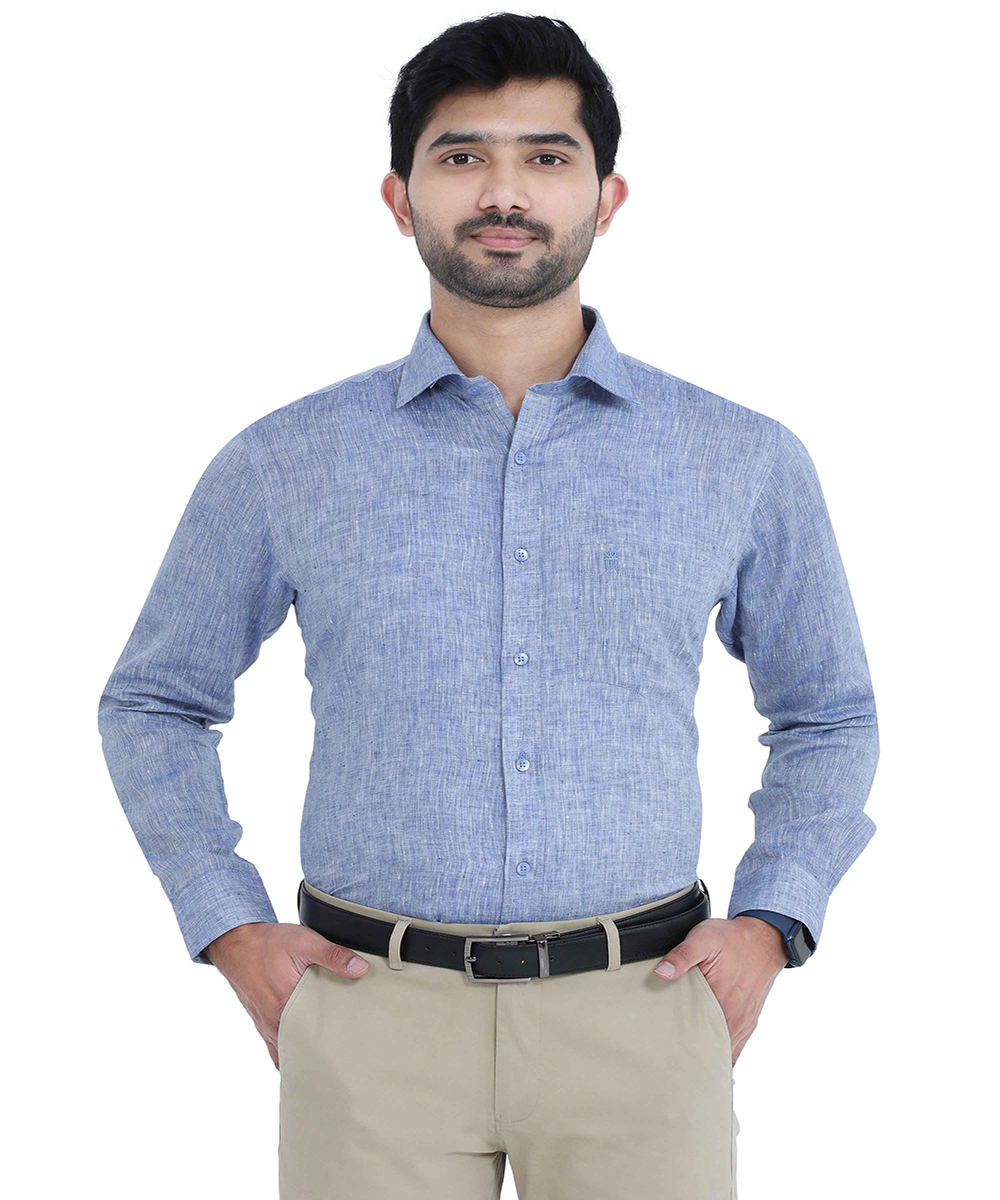 Shop For Blue Colour Pure Linen Mens Formal Shirt Full Sleeve
