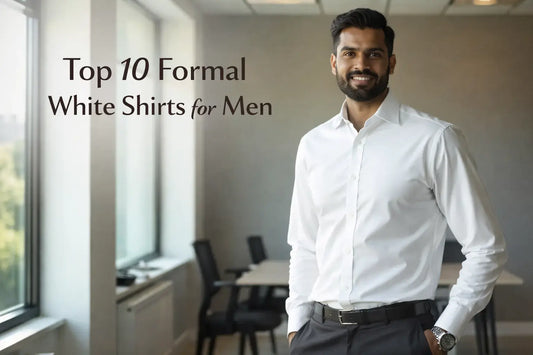 Indian man wearing a well-fitted premium formal white full-sleeve shirt with tailored trousers, soft lighting, modern minimalist office and weddings look.