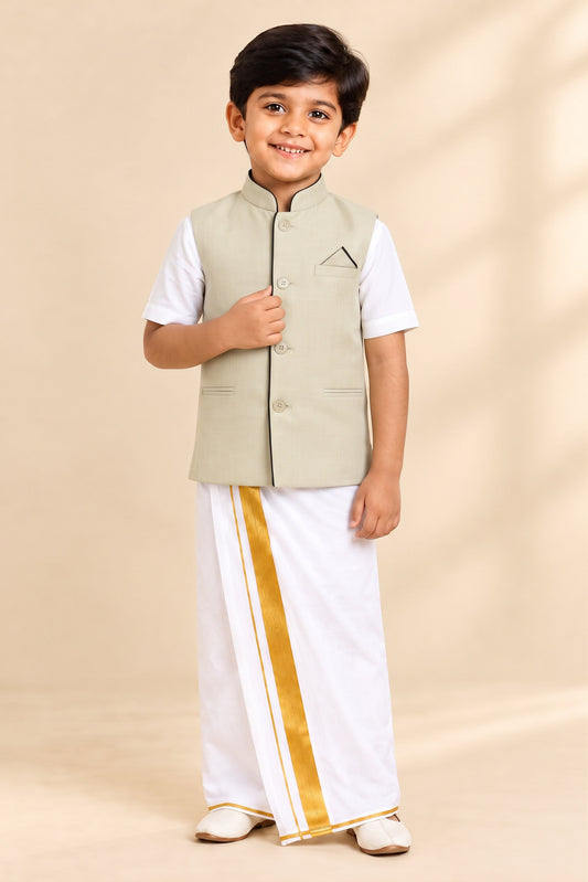 Kids Little Master Set (White Shirt + Dhoti + Coat) Cream