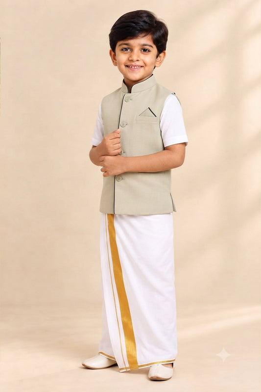 Kids Little Master Set (White Shirt + Dhoti + Coat) Cream