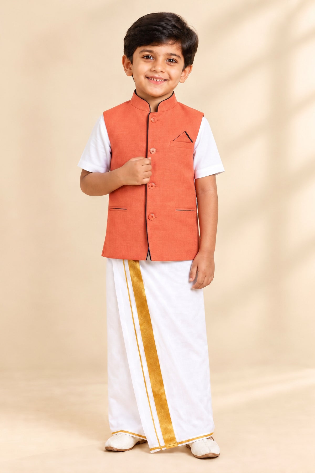Kids Little Master Set (White Shirt + Dhoti + Coat) Light Orange