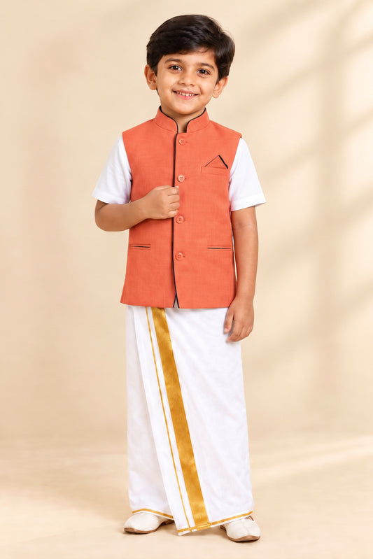 Kids Little Master Set (White Shirt + Dhoti + Coat) Light Orange