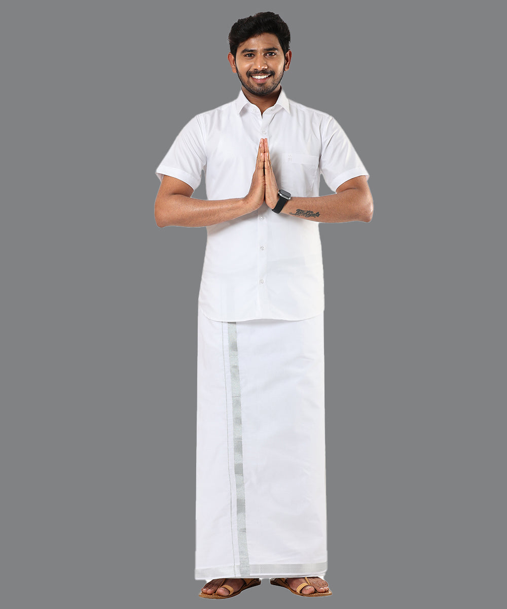 MISTY SILVER BORDER WHITE SET HALF SLEEVE DOUBLE DHOTI