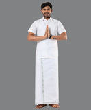 MISTY SILVER BORDER WHITE SET HALF SLEEVE DOUBLE DHOTI