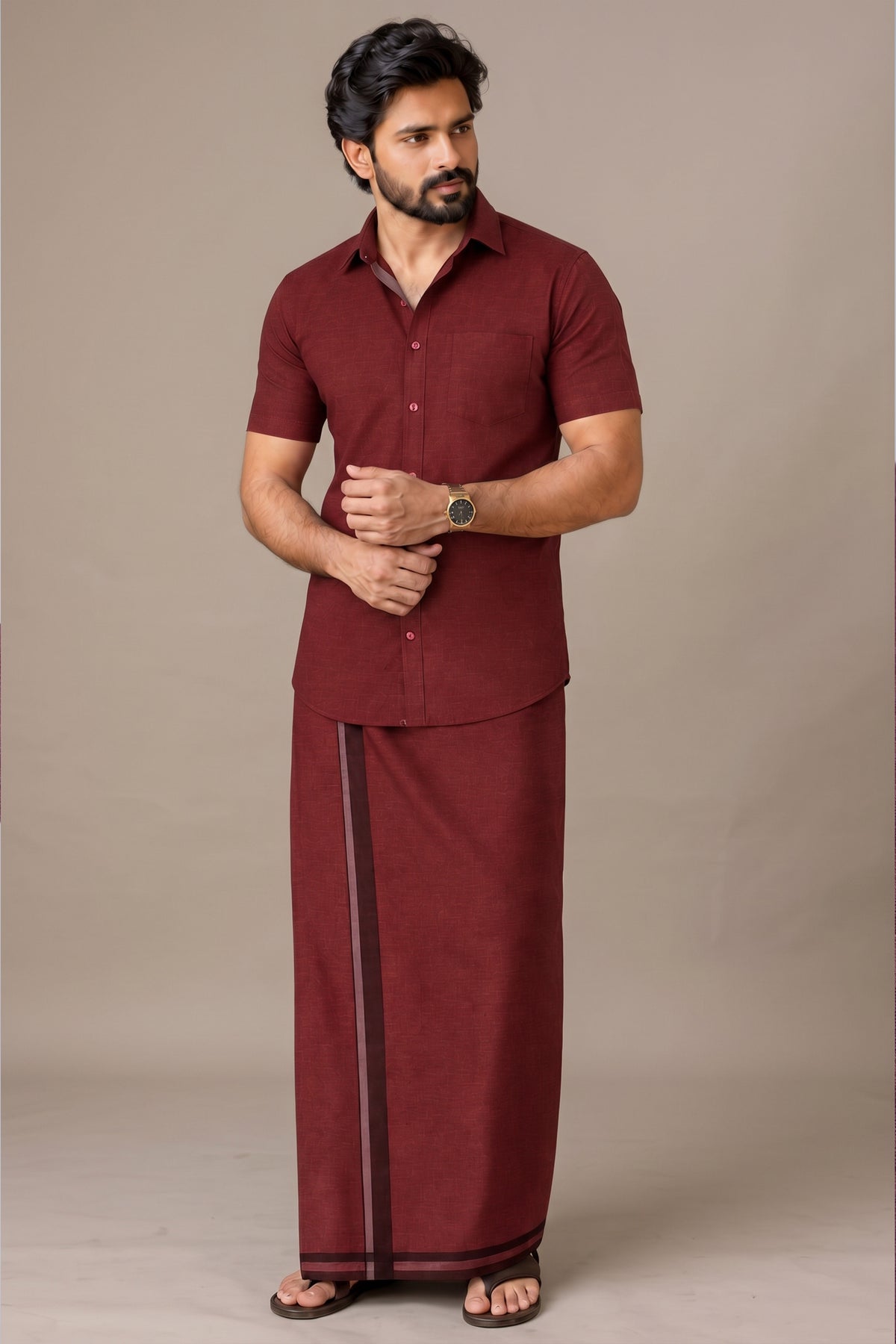 Genz Loungewear Colour Shirt Half Sleeve and Matching Dhoti Single Combo Set - 88014 - Maroon