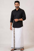 Mens Fancy Cotton Karai White Double Dhoti - 3.80M | Marina | Ash Gray