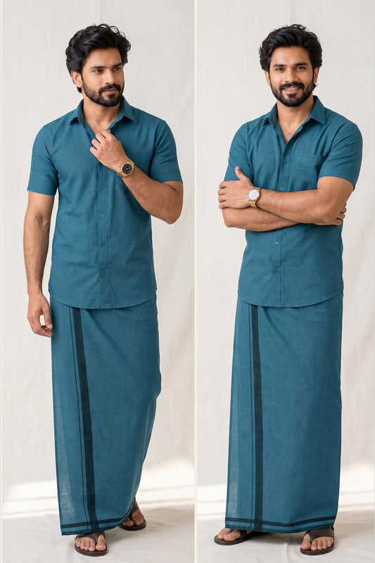 Genz Loungewear Colour Shirt Half Sleeve and Matching Dhoti Single Combo Set - 88012 - Teal