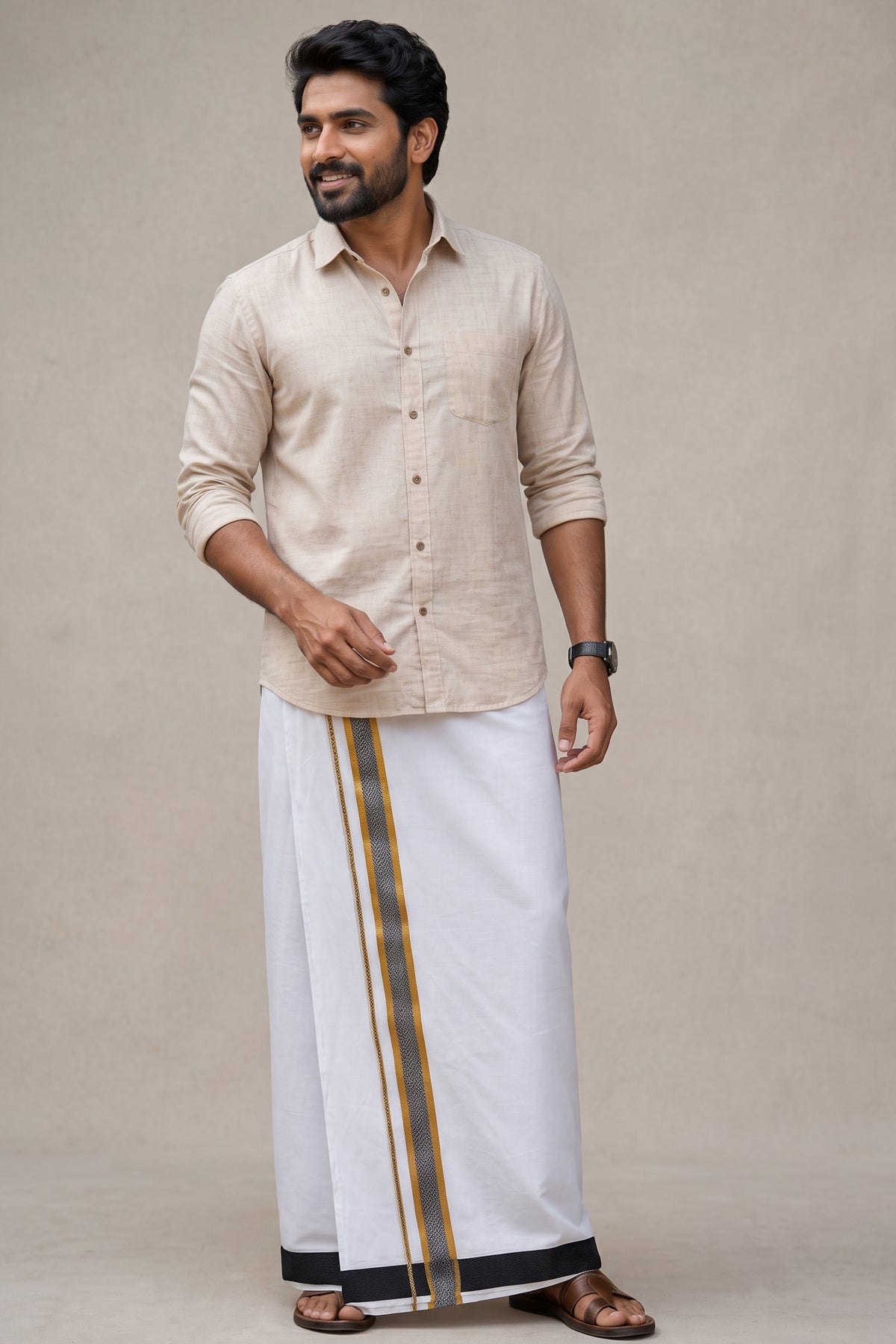 Mens Fancy Cotton Karai White Double Dhoti - 3.80M | Marina | Black