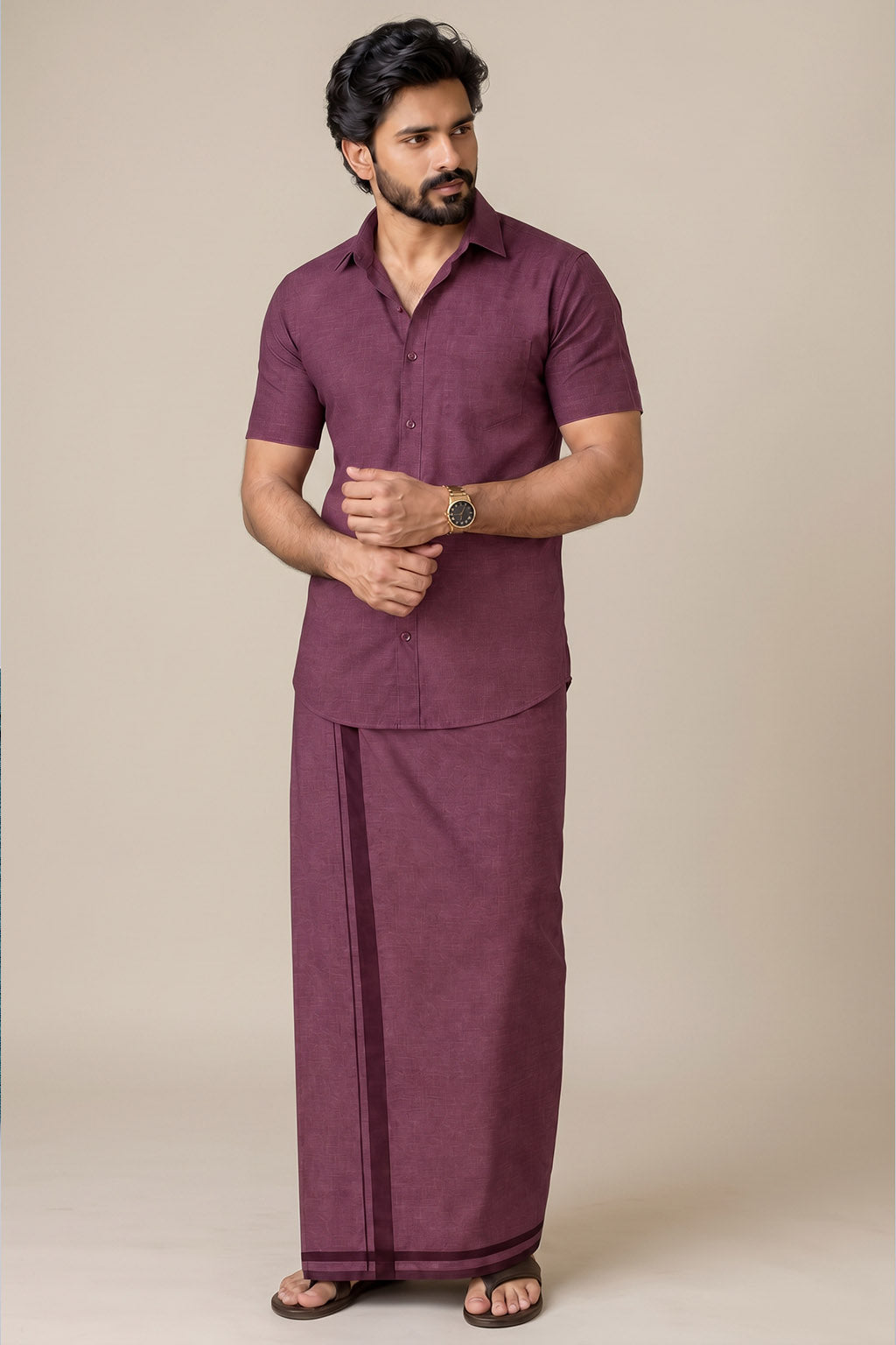 Genz Loungewear Colour Shirt Half Sleeve and Matching Dhoti Single Combo Set - 88013 - Maroon Attire
