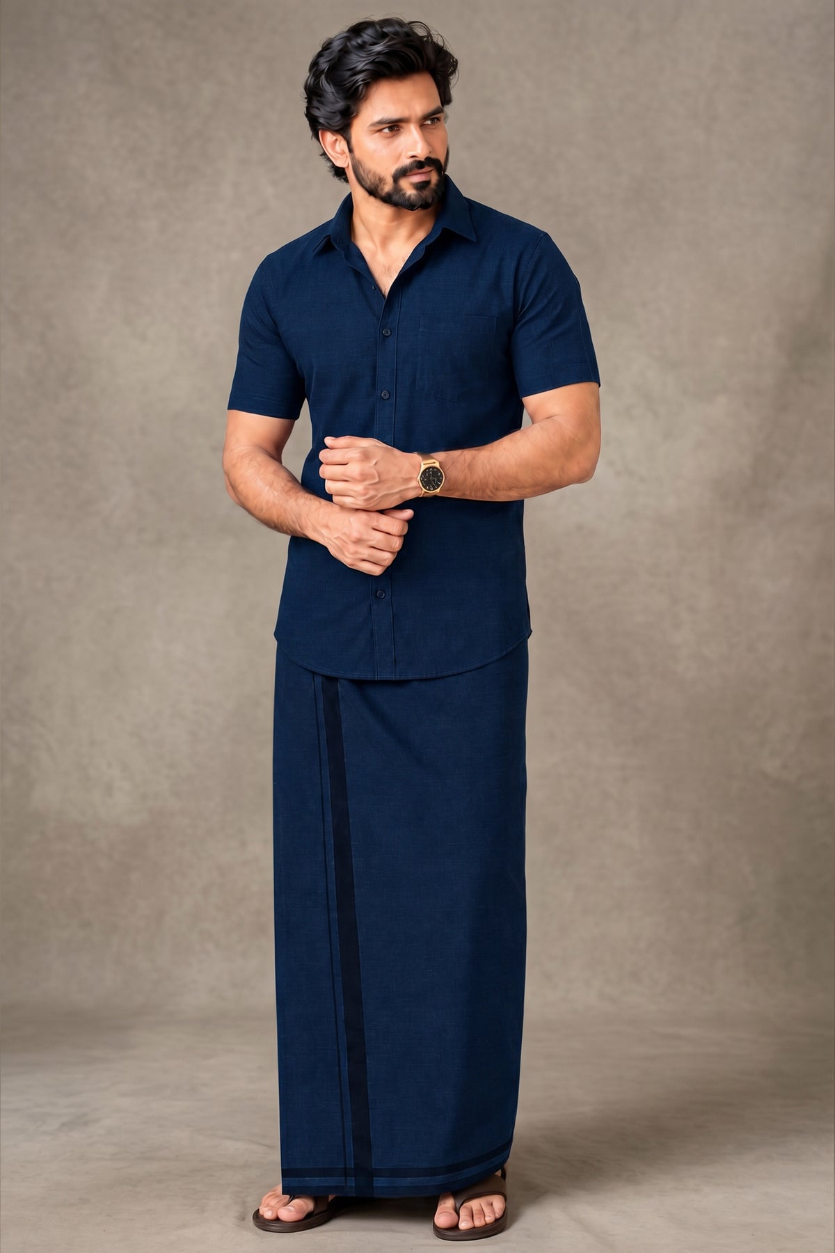 Genz Loungewear Colour Shirt Half Sleeve and Matching Dhoti Single Combo Set - 88017 - Navy