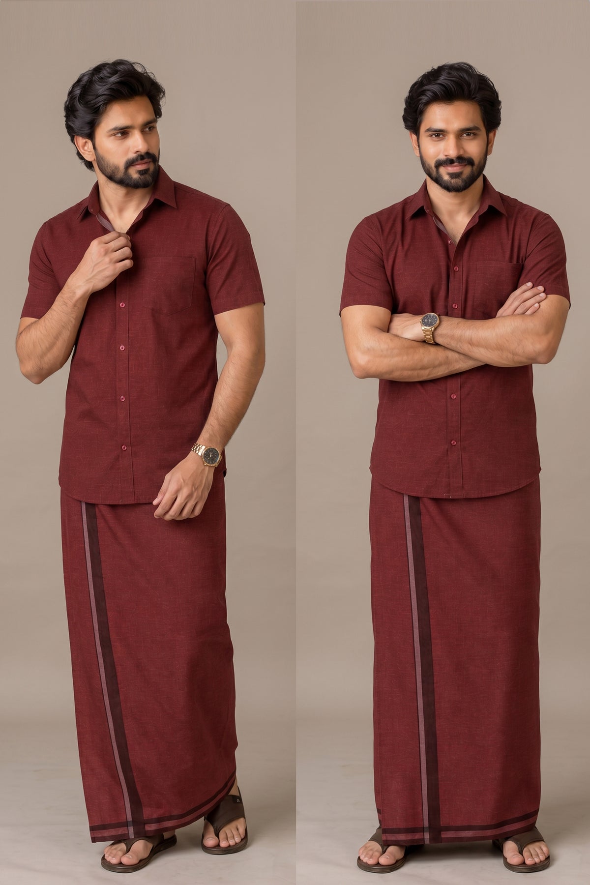 Genz Loungewear Colour Shirt Half Sleeve and Matching Dhoti Single Combo Set - 88014 - Maroon