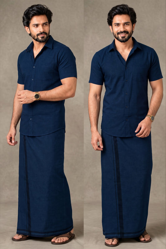 Genz Loungewear Colour Shirt Half Sleeve and Matching Dhoti Single Combo Set - 88017 - Navy
