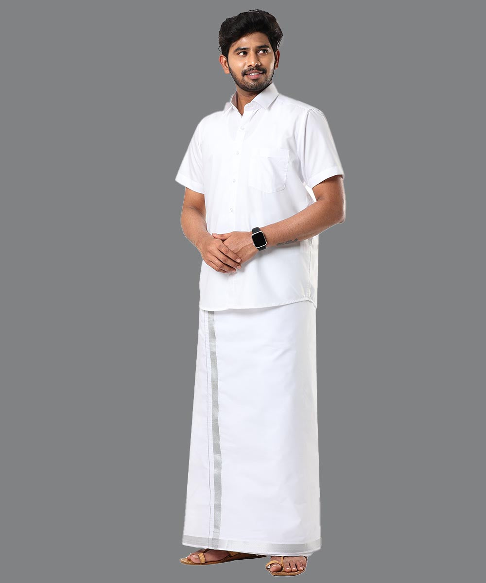 MISTY SILVER BORDER WHITE SET HALF SLEEVE DOUBLE DHOTI