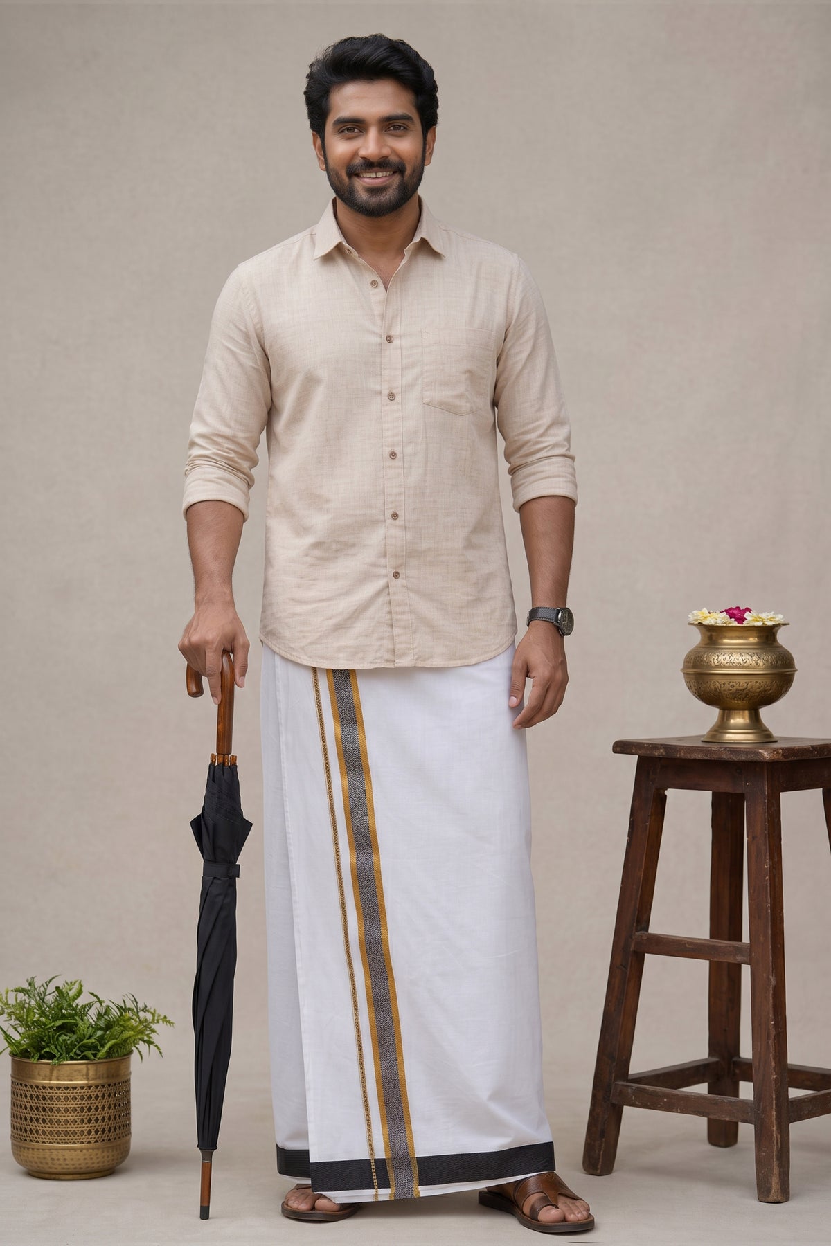 Mens Fancy Cotton Karai White Double Dhoti - 3.80M | Marina | Black