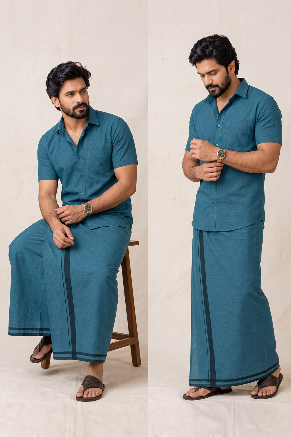 Genz Loungewear Colour Shirt Half Sleeve and Matching Dhoti Single Combo Set - 88012 - Teal