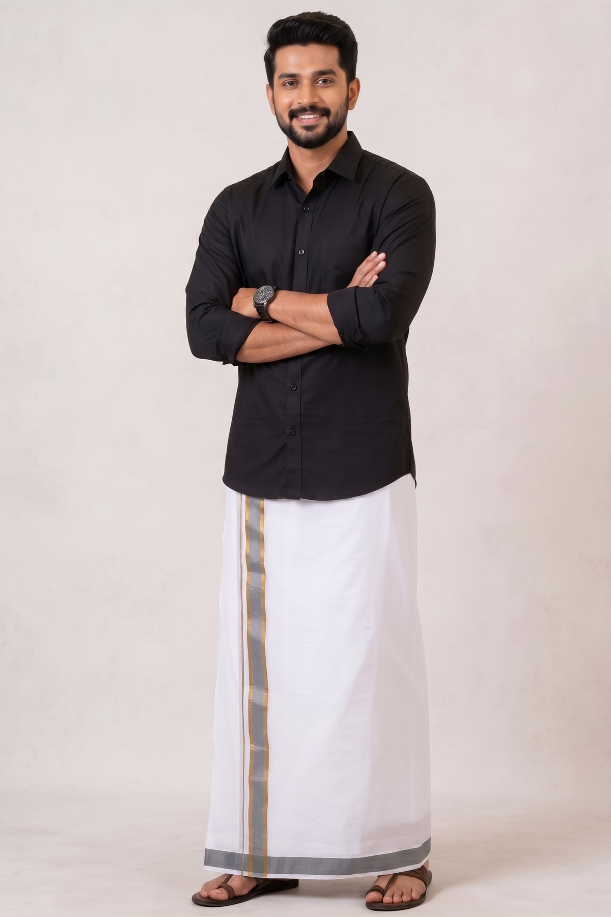 Mens Fancy Cotton Karai White Double Dhoti - 3.80M | Marina | Ash Gray