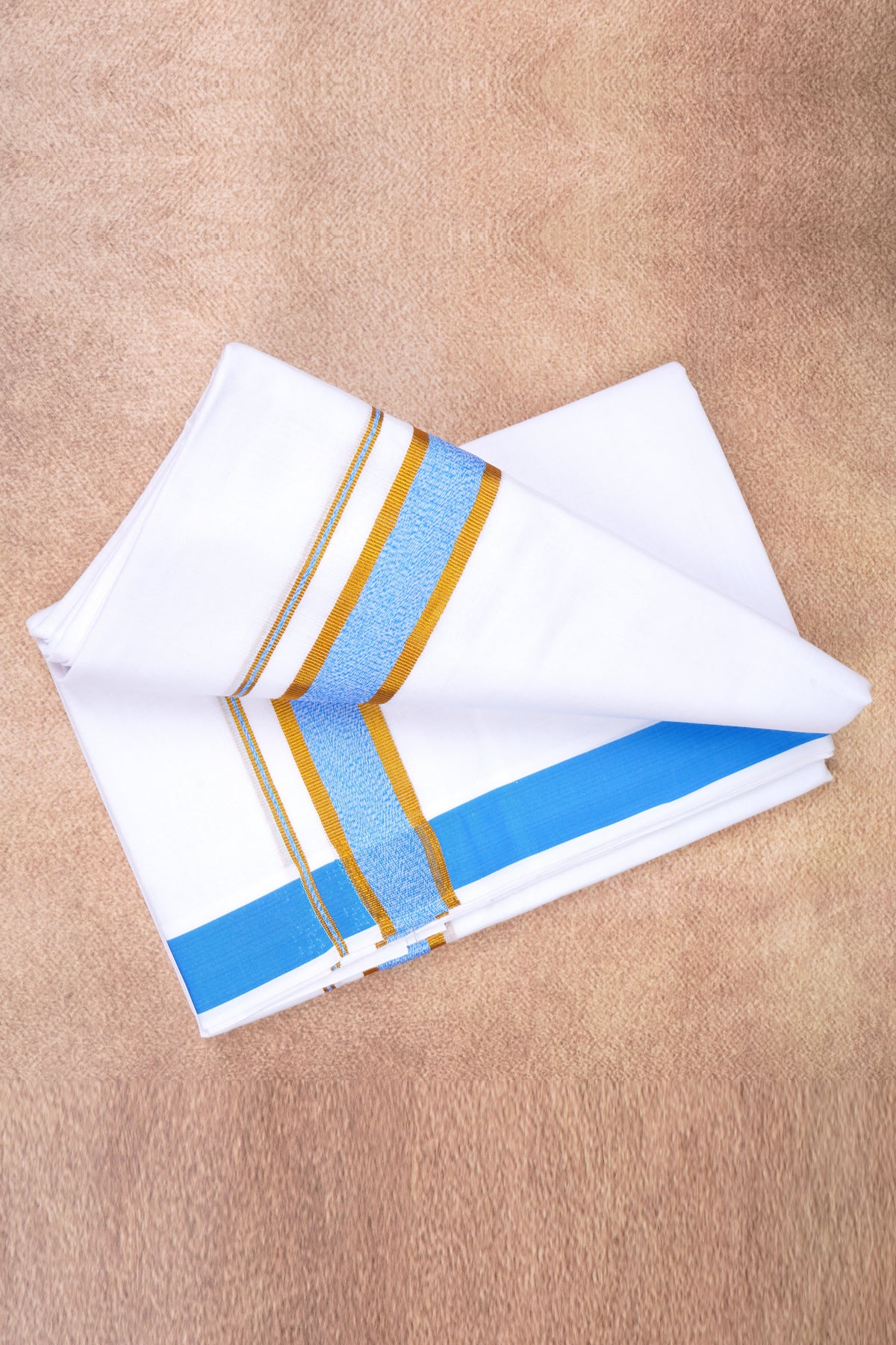 Mens Fancy Cotton Karai White Double Dhoti - 3.80M | Marina | Dodger Blue