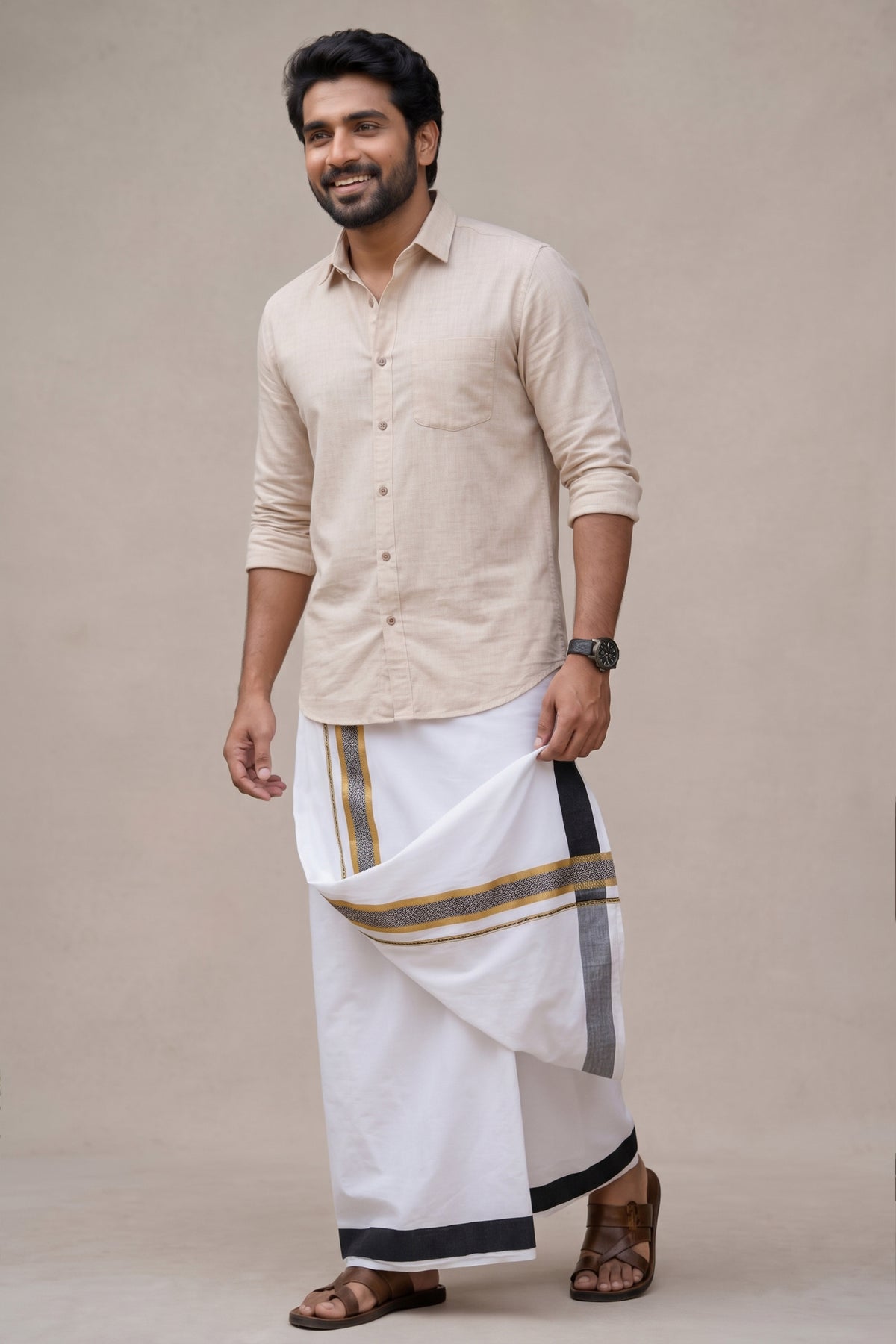 Mens Fancy Cotton Karai White Double Dhoti - 3.80M | Marina | Black