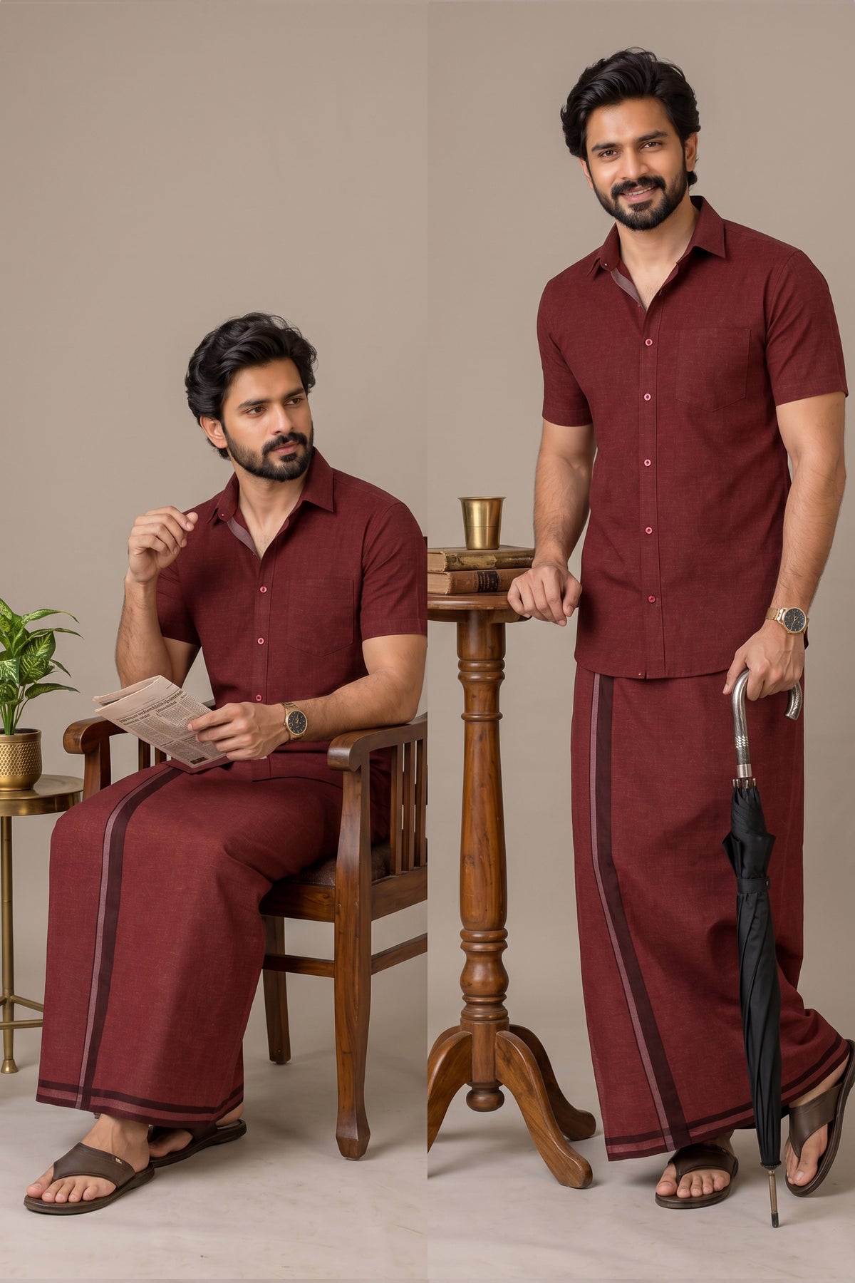 Genz Loungewear Colour Shirt Half Sleeve and Matching Dhoti Single Combo Set - 88014 - Maroon