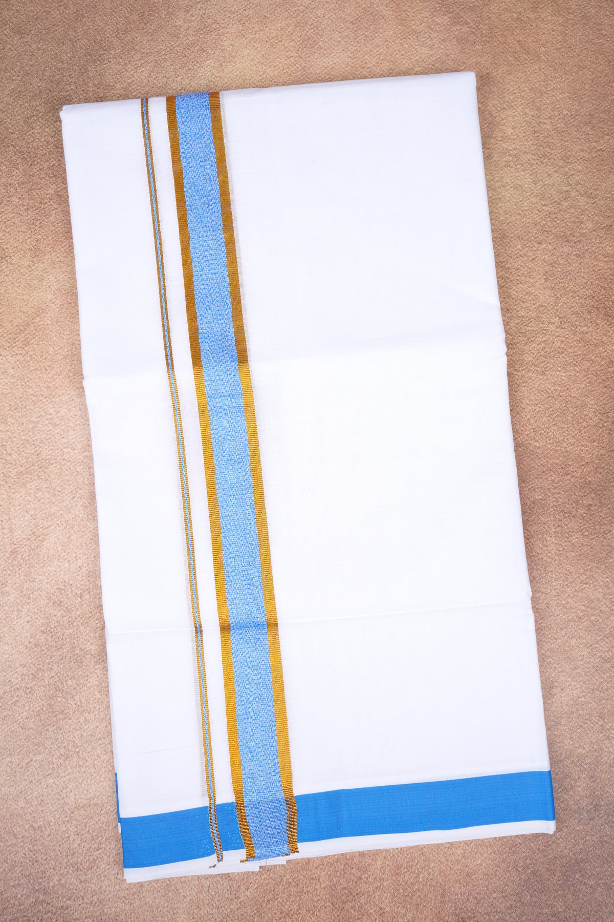 Mens Fancy Cotton Karai White Double Dhoti - 3.80M | Marina | Dodger Blue