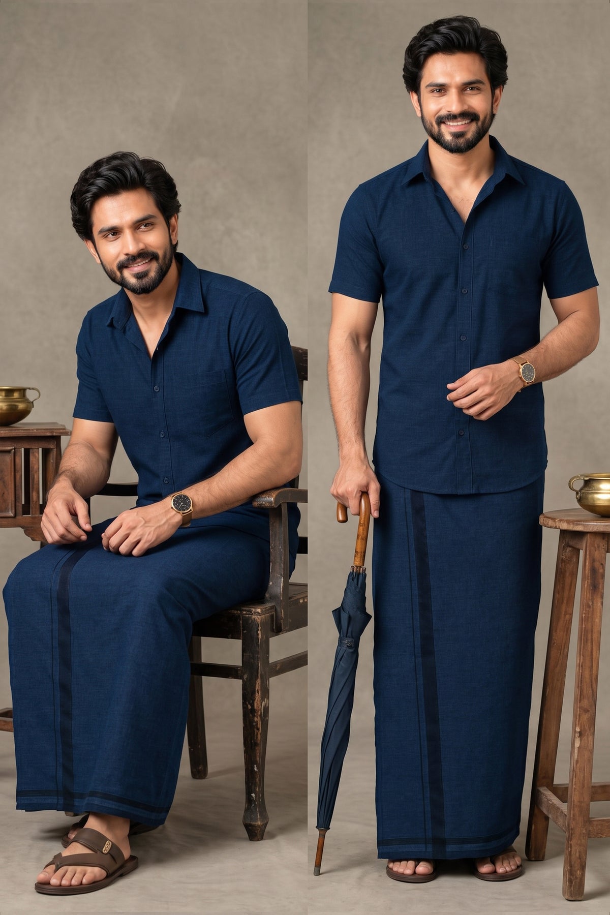 Genz Loungewear Colour Shirt Half Sleeve and Matching Dhoti Single Combo Set - 88017 - Navy