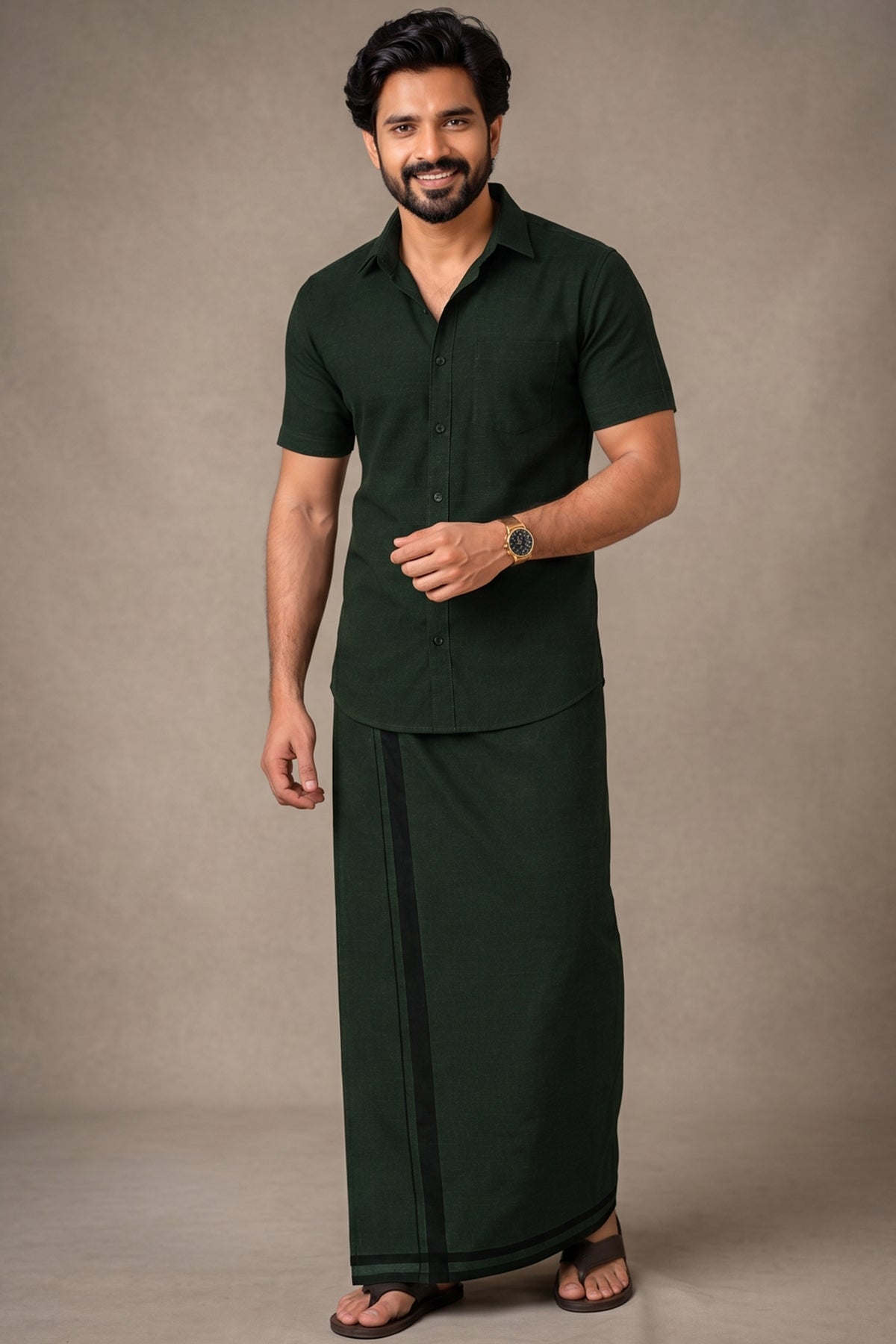 Genz Loungewear Colour Shirt Half Sleeve and Matching Dhoti Single Combo Set - 88016 - Forest Green