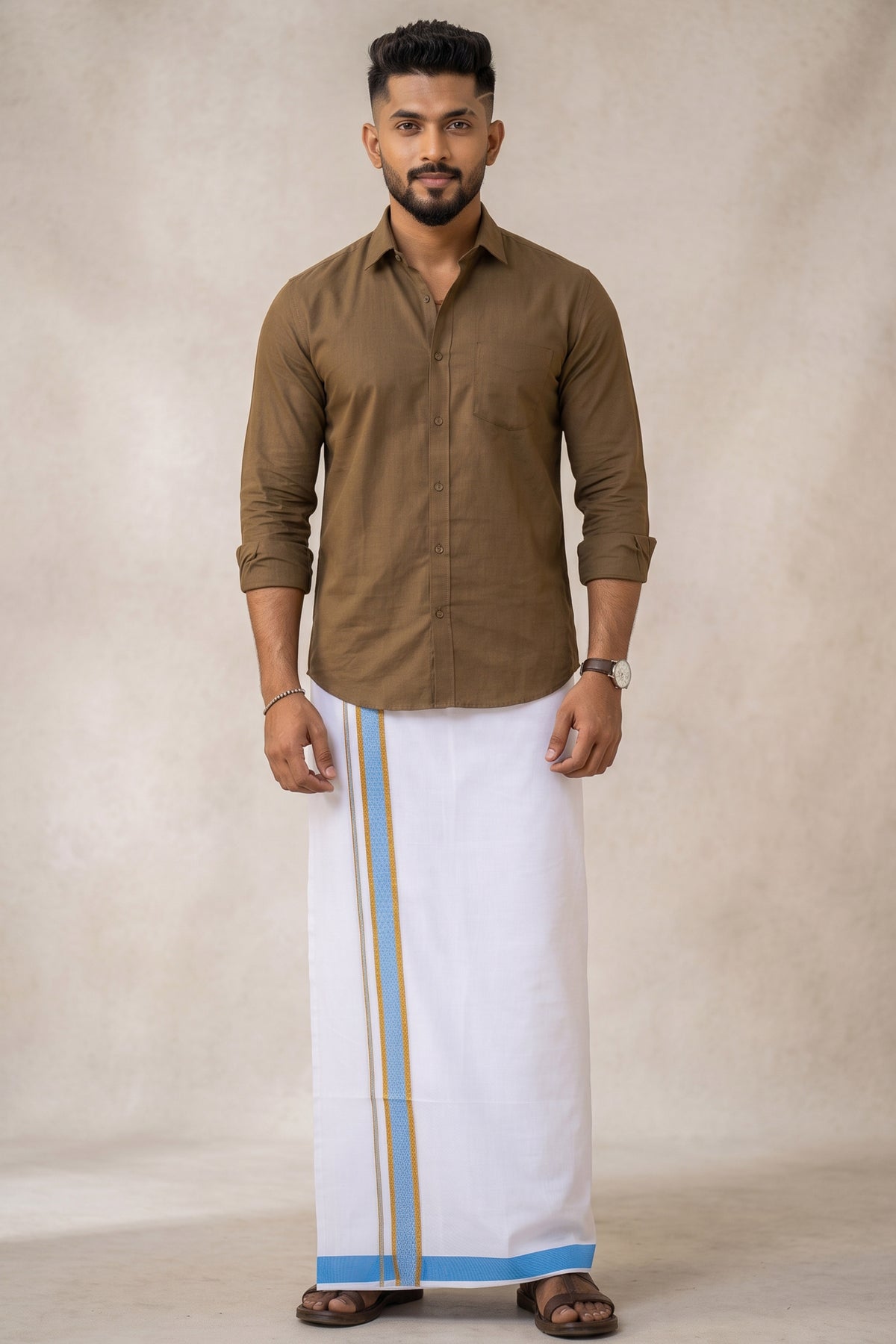 Mens Fancy Cotton Karai White Double Dhoti - 3.80M | Marina | Dodger Blue