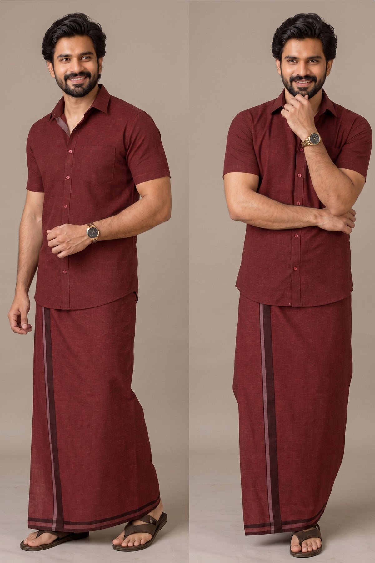 Genz Loungewear Colour Shirt Half Sleeve and Matching Dhoti Single Combo Set - 88014 - Maroon