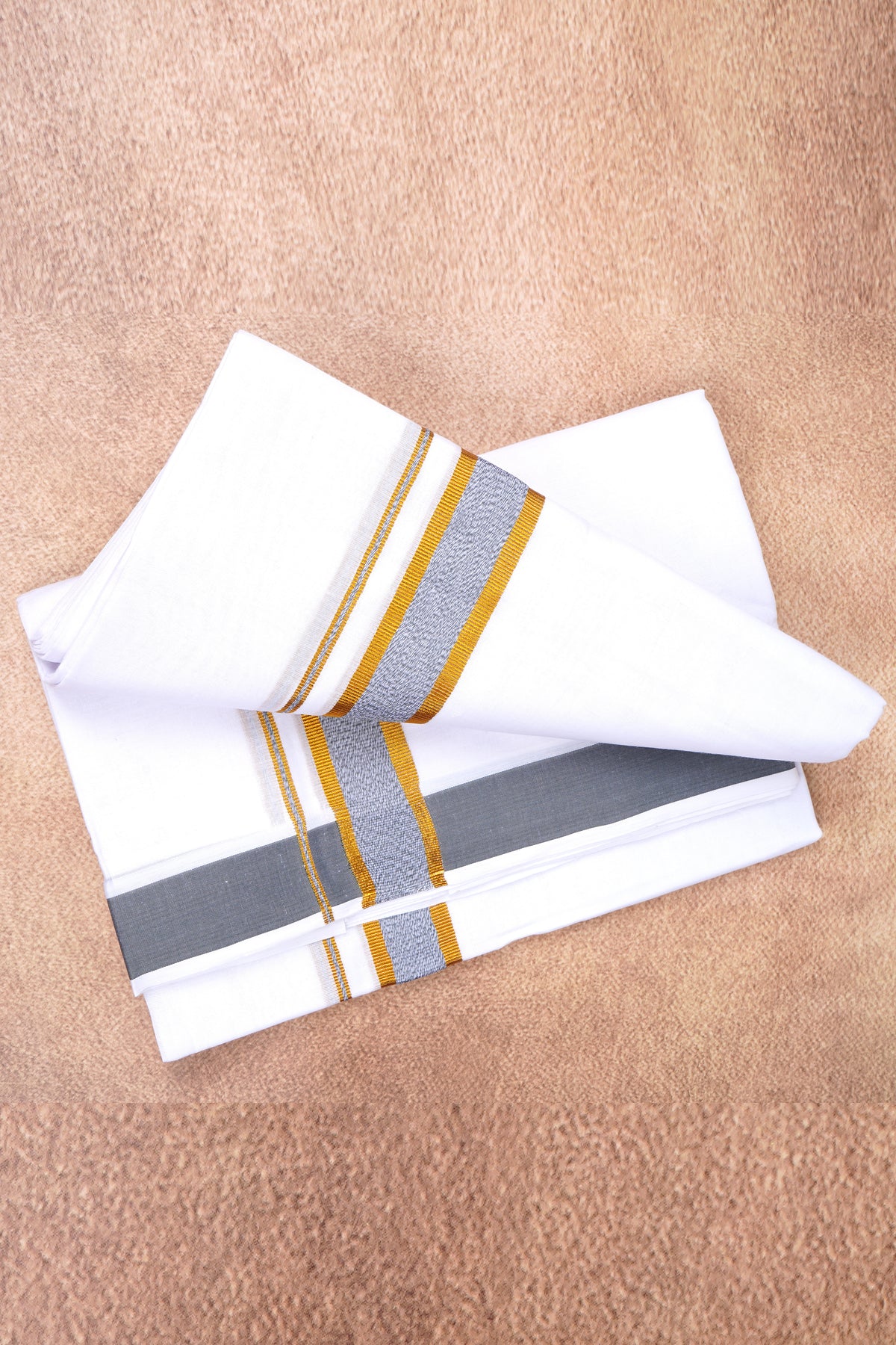Mens Fancy Cotton Karai White Double Dhoti - 3.80M | Marina | Ash Gray