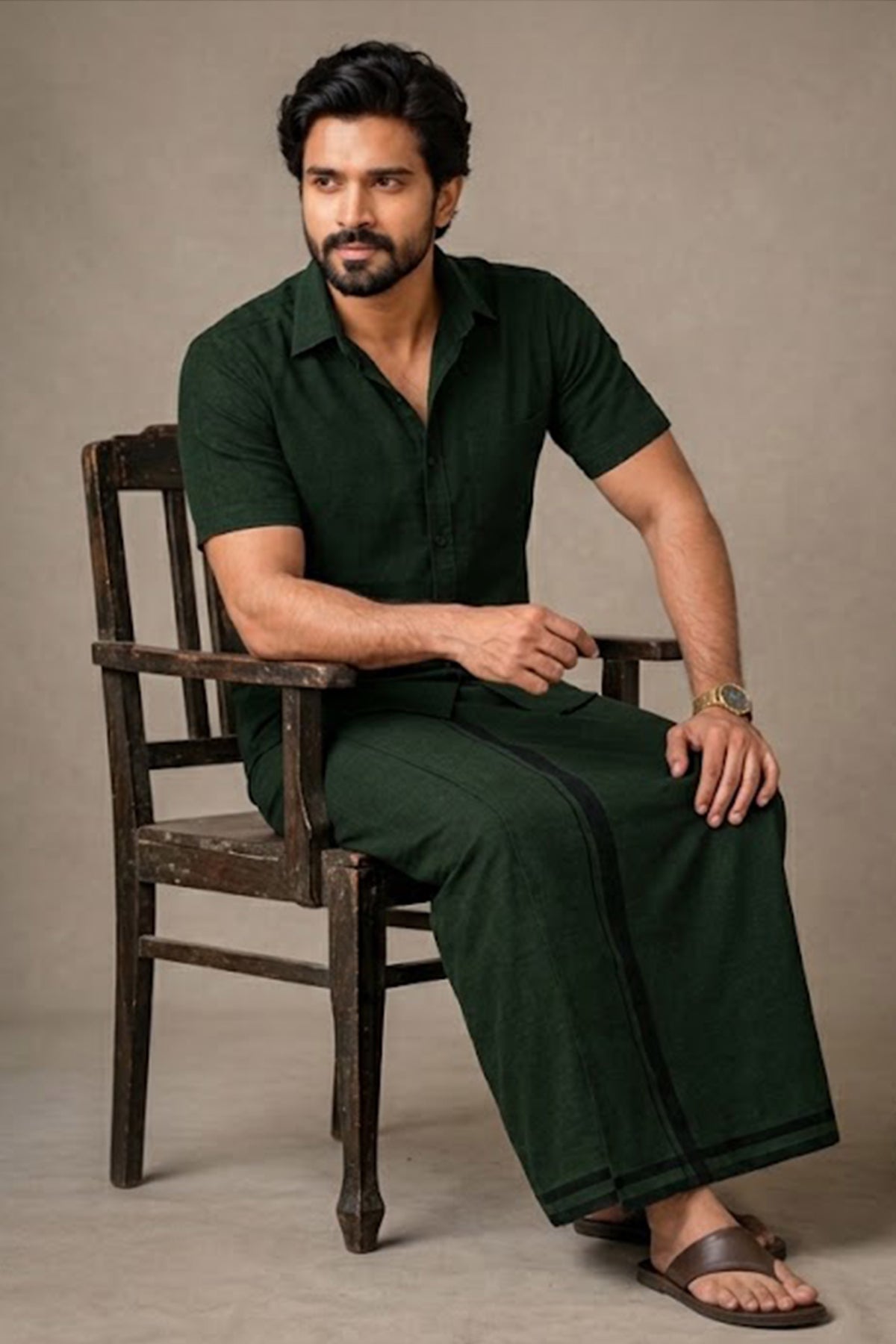 Genz Loungewear Colour Shirt Half Sleeve and Matching Dhoti Single Combo Set - 88016 - Forest Green
