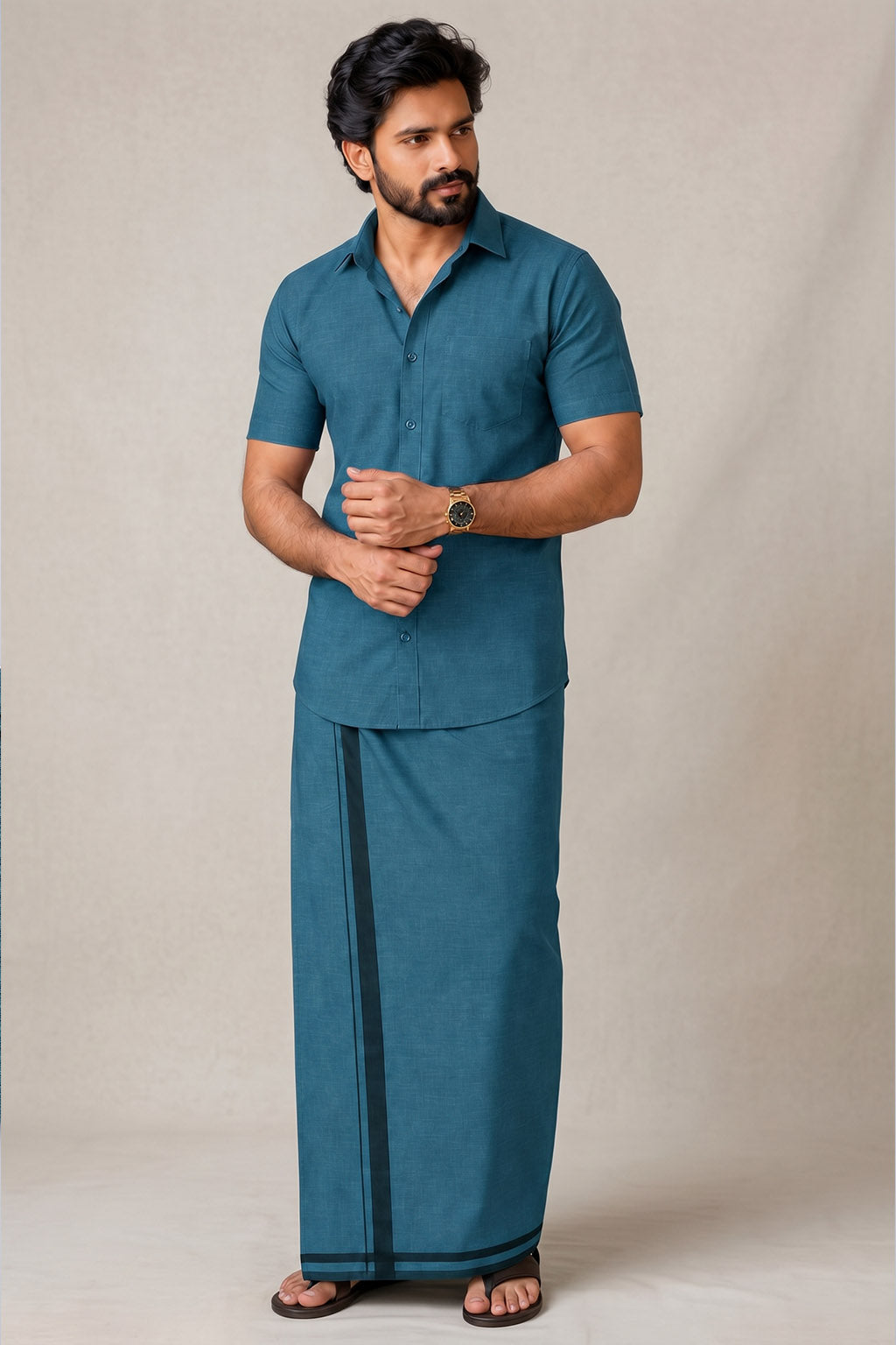 Genz Loungewear Colour Shirt Half Sleeve and Matching Dhoti Single Combo Set - 88012 - Teal
