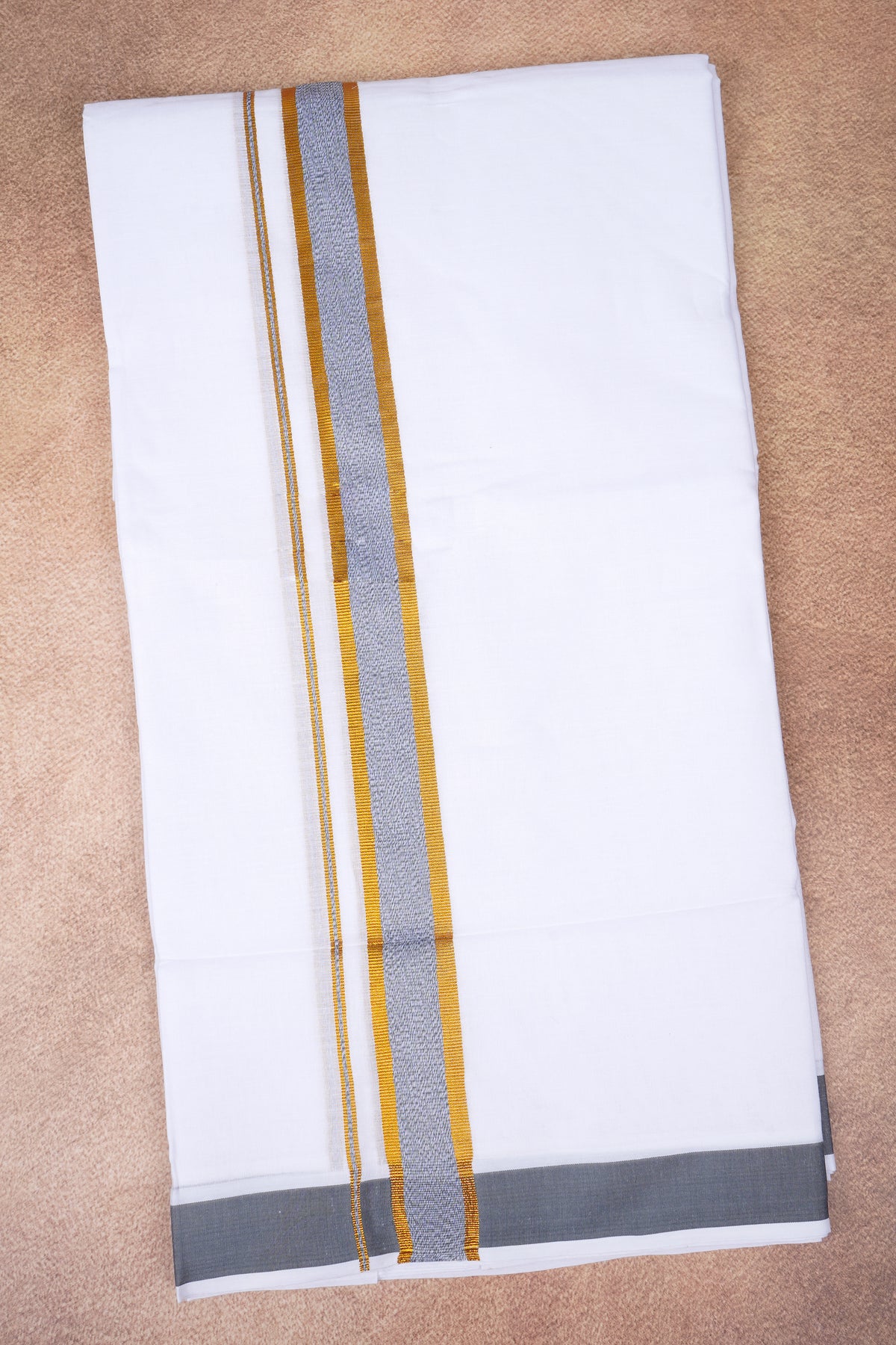 Mens Fancy Cotton Karai White Double Dhoti - 3.80M | Marina | Ash Gray