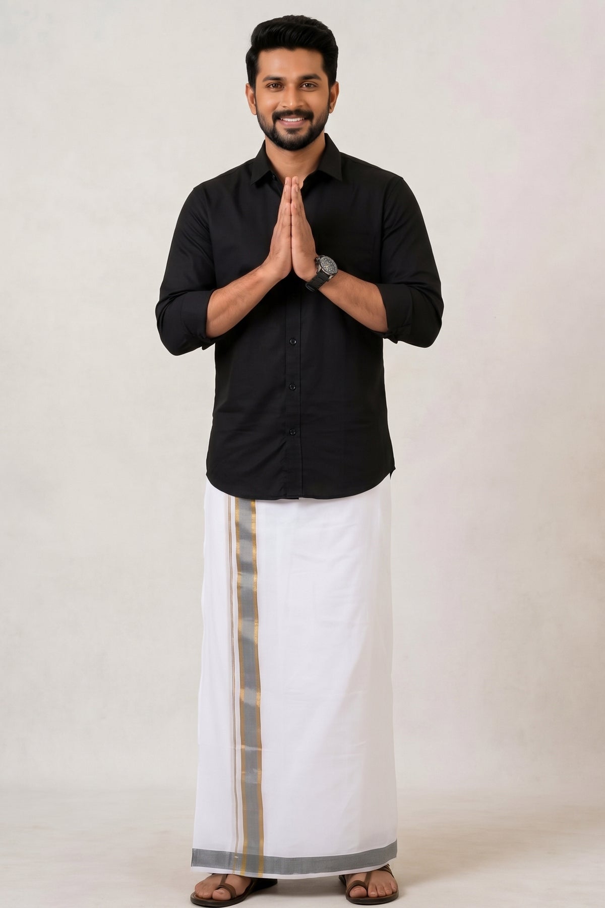 Mens Fancy Cotton Karai White Double Dhoti - 3.80M | Marina | Ash Gray