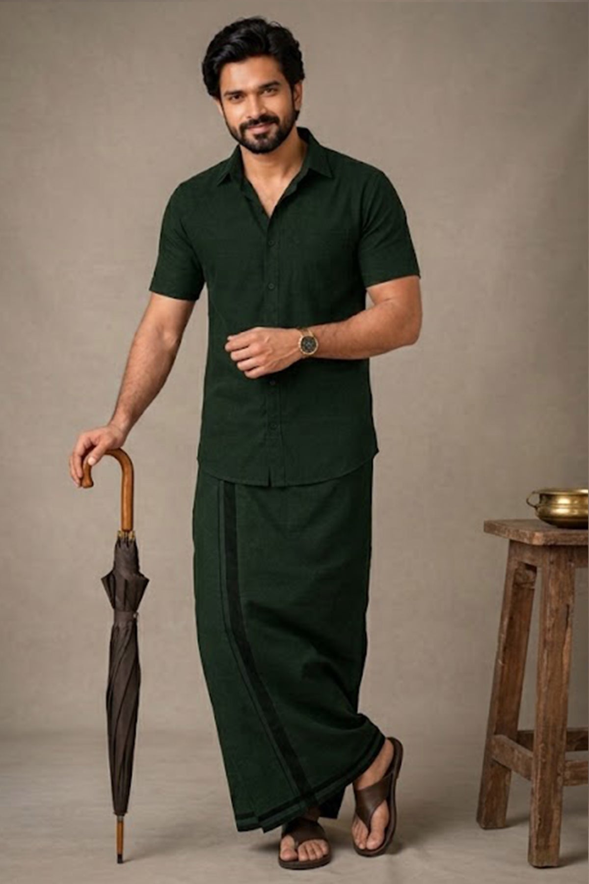 Genz Loungewear Colour Shirt Half Sleeve and Matching Dhoti Single Combo Set - 88016 - Forest Green