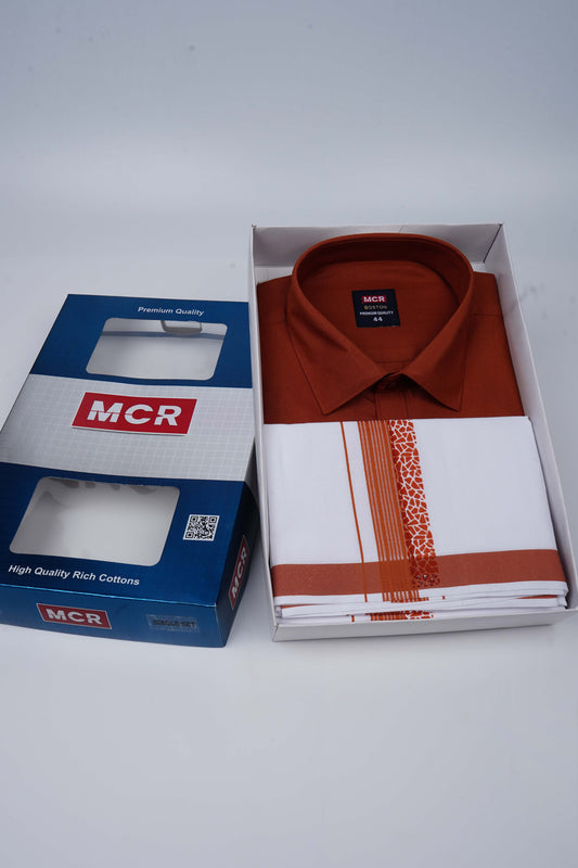 Boston Colour Shirt Full Sleeve and Fancy Border Double White Dhoti Set - 21551 Brown