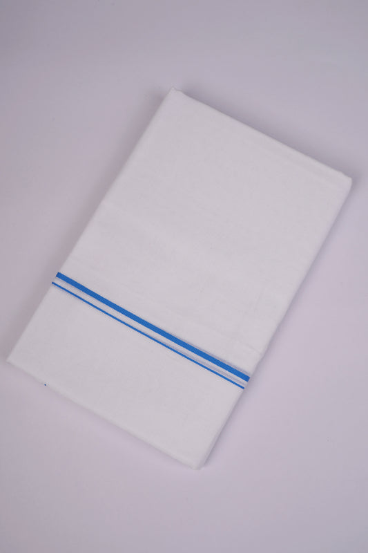Mens Cotton Blend White Dhoti Double Small  Border 3.70 m|SD-18 SKY BLUE