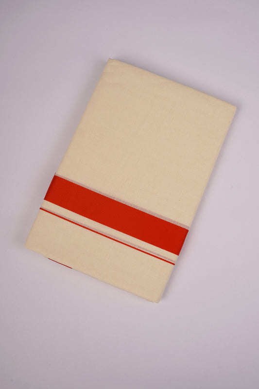 Mens Cotton Blend Cream Dhoti Double Fancy Border 3.80 m|FD-08C TOMATO RED