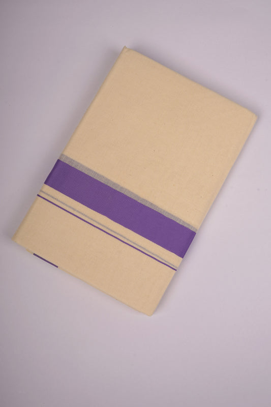 Mens Cotton Blend Cream Dhoti Double Fancy Border 3.80 m|FD-08C VIOLET